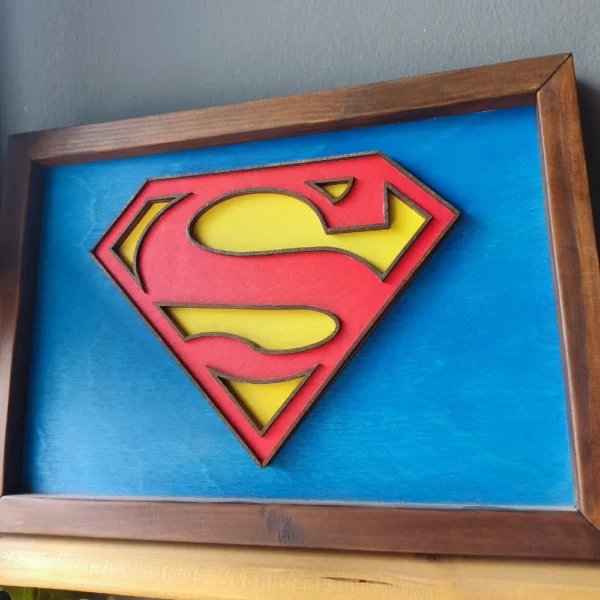 Superman Επιτοίχιο 3D Xειροποίητο Ξύλινο Κάδρο Superman σήμα