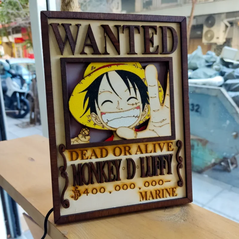 3D One Piece – Xειροποίητο Ξύλινο Φωτιστικό Wanted Poster Luffy