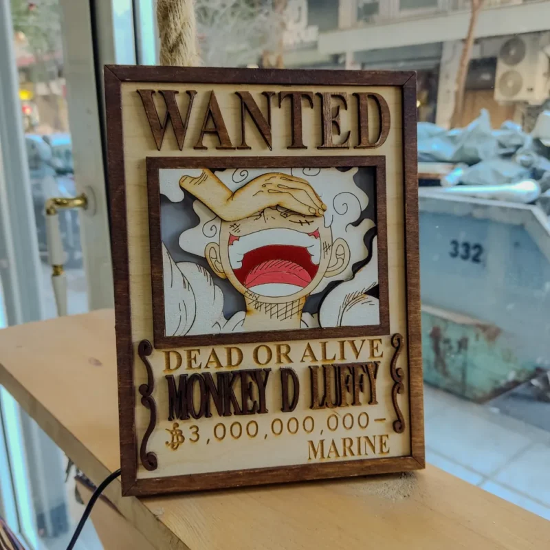 3D One Piece – Xειροποίητο Ξύλινο Φωτιστικό Wanted Poster Luffy Gear 5